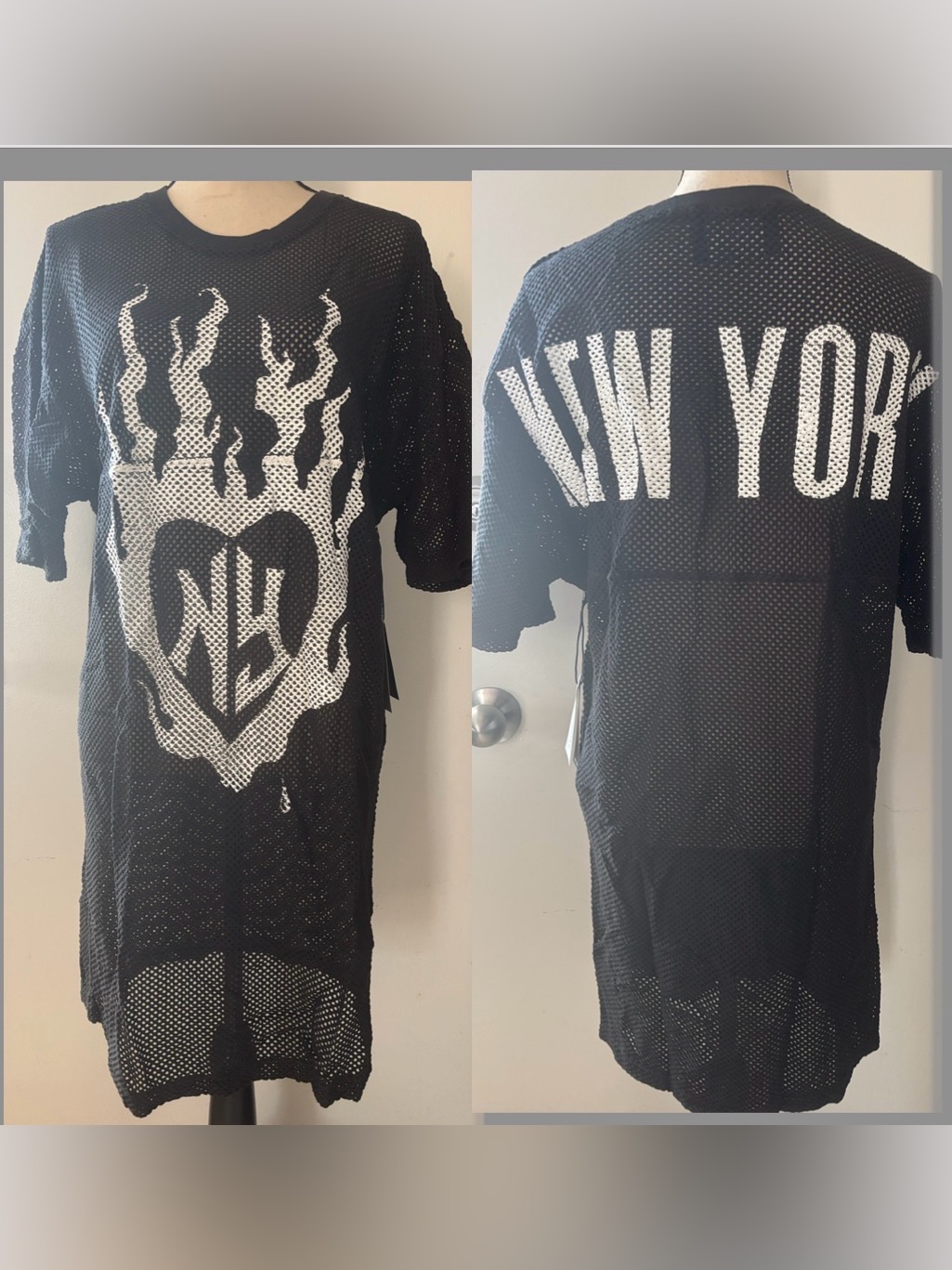 Spirit Jersey Oversized Black Mesh Cover Up Dress With White Flame Heart Graphic